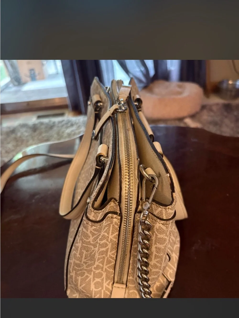 Calvin Klein Cream Monogram Satchel with Top Handles
